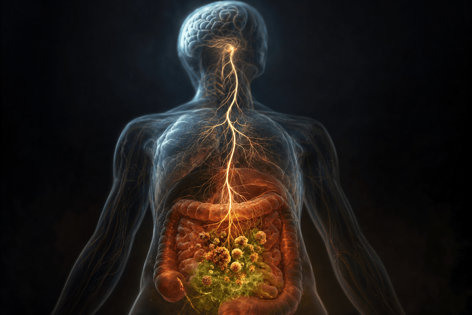 A suspected signal moving from the gut toward the brain, like a fuse burning upward.